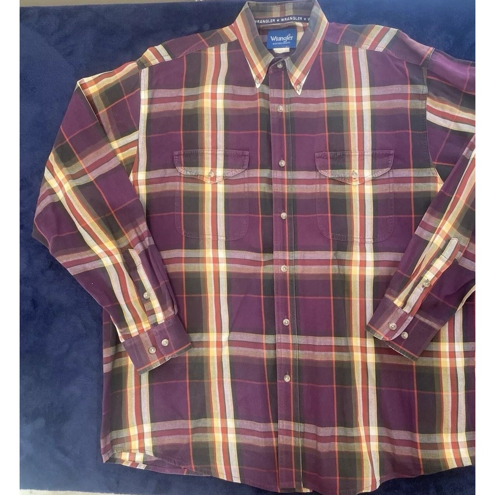 Vintage 90s Wrangler Plaid Western Long sleeve button up shirt canvas Excellent